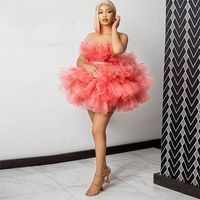 Sexy Short Mini Puffy Tulle Prom Dresses Halter Strapless Ti...