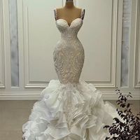 Luxury Tiered Ruffles Long Mermaid Wedding Dresses Crystals Beaded Lace Appliqued Gorgeous Wedding Gowns Straps Sweetheart Neck Lace-up Custom Made Bride Dress Xu