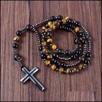 Natural Black Onyx With Tiger Eye Stone Catholic Christ Rosary Necklaces Hematite Cross Pendant Men Necklace Meditation Jewelry 220210 Drop