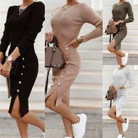 Günlük Elbiseler Sonbahar Giysileri Vintage O Boyun Uzun Kollu Düğme Örgü Elbise Bahar Giyim Kadın Kore Kulübü Parti Mini Sokak Giyim