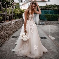 Степенная сторона Сплит Сексуальная Милая Свадебные платья 2021 Кружева Аппликация Тюль Длинная линия невесты Vestidos De Fiesta