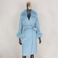 BLUENESSFAIR Cashmere Wool Blends Real Fur Coat Double Breas...