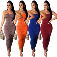 Kadınlar Rahat Bodycon Elbiseler Seksi Straplez Kolsuz Kapalı Omuz Doğal Renk Dantelli Pileli Seksi Kulübü Ayak Bileği Uzunlukta Yaz Giysileri 796