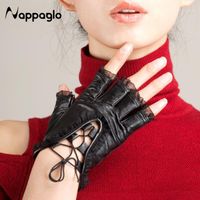 Parmaksız Eldivenler-Nappaglo Moda Kadınlar Yarım Parmak Hakiki Deri Kuzu Derisi Seksi Eldivenler Bayanlar Dans Sürüş Koyun Derisi