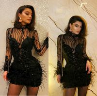 little black dress 2022 Cocktail evening Dresses Long Sleeve Feather Beading Formal Dress Sexy Party Dresses Homecoming Dress