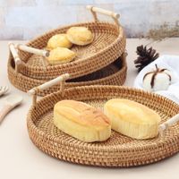Dishes & Plates Round Rattan Tray Bread Basket Fruit Cake Plate Serving Wooden Storag Tableware Wicker Trays With Handle Decoration