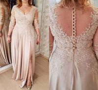 Charming Chiffon A Line Mother Of the Bride Dresses Lace Appliqued 3 4 Long Sleeves Formal Wear Side Slit Floor Length Sexy V Neck Maternity Evening Prom Gowns AL9916