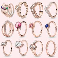 Cluster Rings MYBEBOA Authentic 925 Sterling Silver Rose Golden Women Princess Tiara Crown Sparkling Love Heart ,CZ Engagement Jewelry