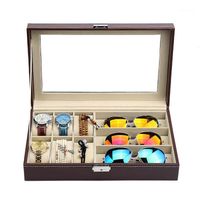 Titta på lådor Väskor Läder 6 Box Smycken Väska och 3 Piece Glasögon Förvaring Sunglass Glasögon Display Organizer Brown Black1