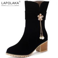 Stivali Lapolaka Fashion Design Size 33-43 Aggiungi pelliccia Autunno Inverno Donne Scarpe Chunky Heels Zip Up Mid Calf Donna Shoes1