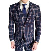 Erkek Takım Elbise Blazers erkek Ekose Suit Set Mizaç Ince Üç Parçalı İngiliz Tarzı Yüksek Kaliteli Beyefendi Parti Elbise (Blazer + Yelek
