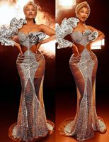 2022 Artı Boyutu Arapça ASO EBI Gümüş Mermaid Sparkly Gelinlik Boncuklu Illusion Akşam Örgün Parti İkinci Resepsiyon Doğum Günü Nişan Abiye Elbise ZJ233