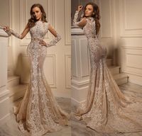 2022 Luxurious Rhinestone Crystal Wedding Dress High Neck Beads Applique Long Sleeves Mermaid Bridal Dress Open Back Gorgeous Dubai Wedding Gown