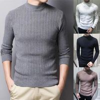 Suéteres para hombre Camisa de los hombres del suéter de invierno con rayas Half-High Collar Casual Pullover Color Sólido Cálido Punto para Streetwear