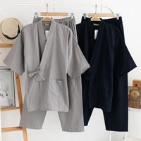 Осенние мужские пижамы наборы хлопчатобумажные смеси кимоно мужские пижамы японского стиля Pajamas мужчины мягкие дома носить 2 штуки высокое качество1