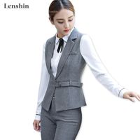 Lenshin 3 peça conjunto de cintura ajustável calça formal cintura cinto cinza colete cinza mulheres sem mangas escritório escritório senhora desgaste de negócios 201103