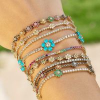 2021 New Arrived Blue Cz Colorful Flower Tennis Link Chain Bracelet for Women Girls Iced Out Bling Cz Paved Daisy Flower Bracelets