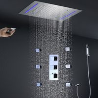 Bathroom Ceiling LED Shower Set Rainfall Shower Head Panel 20x14inch Thermostatic Diverter Mixer Faucets With Body Massage Jets