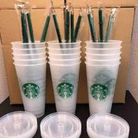 Starbucks 24oz / 710ml 플라스틱 텀블러 재사용 가능한 맑은 마시는 평면 컵 기둥 모양 뚜껑 짚 머그잔 50pcs 무료 배송