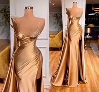 Sexy High Slit Gold Abendkleider für Frauen Party Wear Perlen Mermaid Prom Maid Prom Kleider Lange Wrap Formale Robe de Soirée