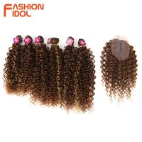 FASHION IDOL Afro Kinky Curly Hair Synthetic Hair Bundles Middle Part Lace With Closure 16-20 inch Weave Fake Hair Extensions 220216