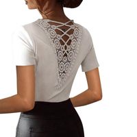 T-shirt Femme 2022 Mode d'été Top Couleur Solide Back Hollow Skin Hollow Holly Dentelle Décor V-Col V Elegant pour la maison