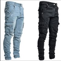 Calça jeans macho calças casuais de algodão denim calças multi cargas de bolso homens moda estilo lápis bolsos laterais