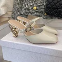 summer latest fashion shallow mouth square head slippers women's luxury Rice white calfskin metal thick heel Baotou Half slippers high-heeled designer factory shoes
