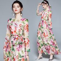 Yeni Varış İlkbahar Yaz Güz Pist Çiçek Baskı Ekip Yaka Yay Eşarp Uzun Kollu İmparatorluğu Bel Kadınlar Bayanlar Rahat Parti Plaj Maxi Elbise
