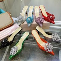 En Kaliteli Terlik Lüks Tasarımcı Yeni Çiçek Kristal Bezemeler 6.5 cm Topuklu Sandalet Şeffaf PVC Bayan Ayakkabı Büyük Boy Topuklu Terlik 35-43