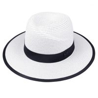 Sombreros de ala nominal 2021 moda elegante jazz negro para las mujeres sombrero de sol blanco hombres formal azul verano playa tapa letra M Fedora Straw Hat1