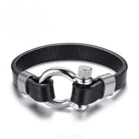 2022 Brand New Black Real Leather Bracelet Bangle for Men Stainless Steel Vachette Screw Button Design Unique Jewelry 21cm Y5el