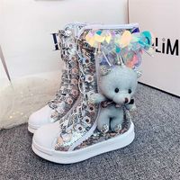 CC Kids High Boots Autumn Winter Glitter Children Fashion Girls Brand Toddlers Cute Warm Fur Shoes HB096 211223