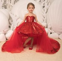 Kırmızı Payetli Diz Boyu Kısa Küçük Kızın Pageant Elbiseleri ile Yay Tül Ayrılabilir Tren Aplike Çiçek Kız 'Elbise Özel Durum