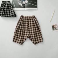 FM Japonya Ins Sonbahar Çocuklar Küçük Erkek Ekose Pantolon Organik Keten Pamuk Kış Elastik Wasit Pantolon Bahar Unisex Çocuk Kız Pantolon