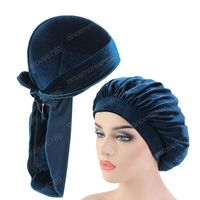 Velvet Durag e Bonnet 2pcs Set chapéus para bonnet mulheres dormem Cap e homens Doo Rag confortável de veludo gorros dormir Hat