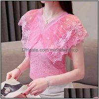Womens Blouses & Shirts Clothing Apparel Women Tops Lace Short-Sleeved Chiffon Sexy Hollow Out Embroidered V-Neck Female Shirt 680F Drop Del