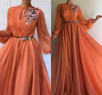 Korallenarabische marokkanische Prom Kleider für Frauen Party Elegante Prominente Langärmeln Chiffon Dubai Caftans formale Abendkleider