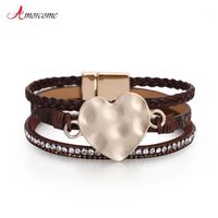 Tennis Amorcome Multilayer PU Leather Wrap Bracelets Magnetic Buckle Gold Plated Metal Heart Clasp Jewelry Bohemian Snake Skin Bracelet