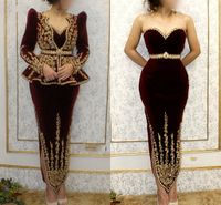 Karakou Argélio Borgonha Veludo Vestidos de Noite com Casaco de Manga Longa Ouro Bordado Laço Árabe Sereia Prom vestido vestes