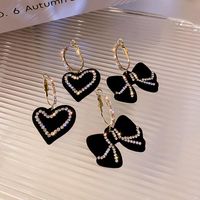Dangle & Chandelier 925 Silver Needle Post Black Cloth Velvet Bowknot Heart Rhinestone Circle Earrings For Women Fashion Jewellery