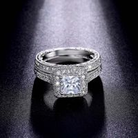 Silver-Plated di moda del diamante di lusso Coppia Piazza Diamond Ring Set