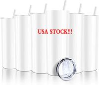 USA Warehouse Ship Fast 50pc / Box 20oz blancs sublimation White Mugs Water Bottware Drinkware en acier en acier inoxydable avec paille en plastique et couvercle