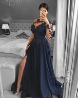 2021 New Style One Long Sleeve Prom Dresses Lace Applique Zipper Back Vestidos De Novia Side Split Sweep Evenign Party Gowns