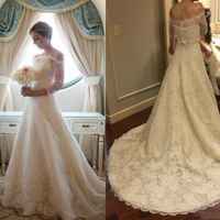 Ivory 2 Pieces Lace Wedding Dress with Sleeves Off-the-shoulder A-Line vestidos de novia with Court Train Bridal Gowns Online