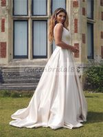2022 Moderne sexy tiefe V-Ausschnitt Abendkleider mit Taschen Perlen Sash Vestidos de Novia Long Satin A Line Braut Party Prom Formale Kleider