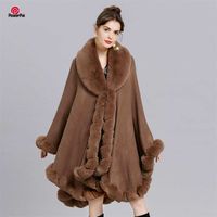 Elegancka V Lapel Rex Rabbit Fur Coat Cape Zima Kobiety Duży Długi Szal Pełna Wykończenia Faux Fur Cashmere Cloak Płaszcz Parka 211020
