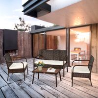 Waco 4 peças Pátio Conjunto de conversação de jardim, PE Vime Rattan Conjuntos de móveis ao ar livre, w / 2 cadeiras individuais, 1 cadeira dupla, 1 mesa de madeira, marrom