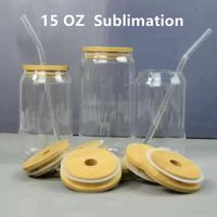 16 oz süblimasyon cam bira kupaları şekilli bardaklar şarap bardak içme bardaklar ısı baskı su bardakları bambu kapağı ve yeniden kullanılabilir saman