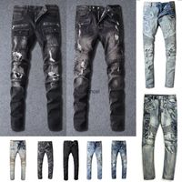 Mens designer jeans distressed ripped biker smal passform motorcykel denim för män s mode mans svarta byxor häll hommes 2021